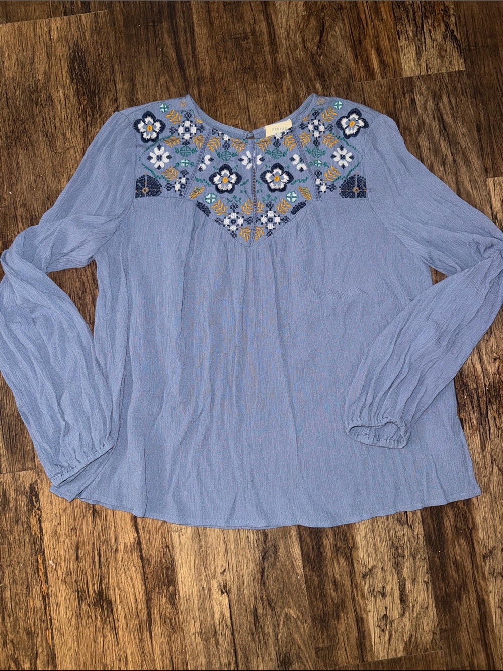 Harper Heritage Light Blue Embroidered Long-Sleeve Women's Top
